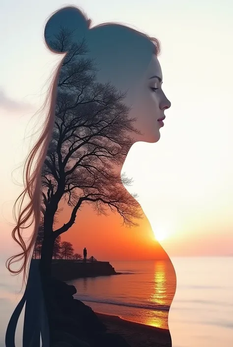 high quality, 8K Ultra HD, A beautiful double exposure that combines an goddess silhouette with sunset coast, sunset coast should serve as the underlying backdrop, with its details incorporated into the goddess , crisp lines, The background is monochrome, ...