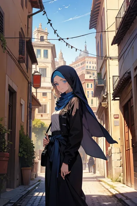 Rome, (realistic), watercolor,  best quality, dynamic colors, Swirls,  architectural streets ,  a portrait of a character ,  blue eyes, Vines, landscape, clear sky, Black colors, connected to rings ,  digital painting ,  Tight Hijab,