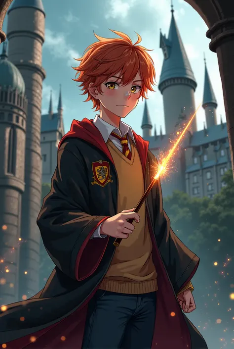 in realistic anime style, Ron Weasley do harry potter,  holding wand , wearing the garments of Gryffindor