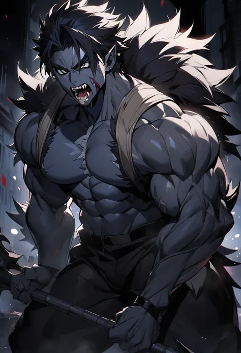 a half-breed between vampire and werewolf, dark and blue skin, strong, imposing physique, black eyes, 8k high definition