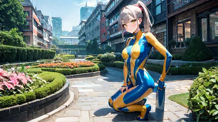 ( 2 girls fighting back),(最 high definition, 8k, masterpiece:1.3),  clear contours high definition(24 years old:1.5), ( gray hair ), (Up ponytail),, ((全身 rubber suit、 colorful、blue、Yellow line from crotch、no zipper 、 rubber suit、Gloss、 daytime、Around town、...