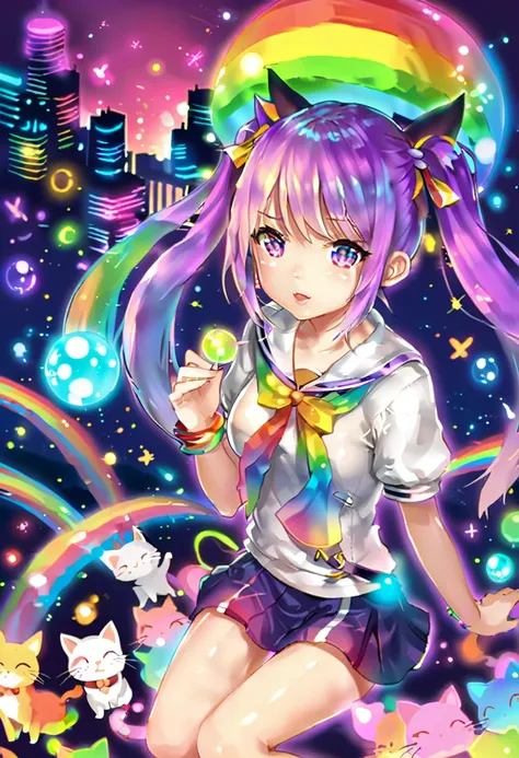 (  ridiculous ,  high resolution,  more details), ( 1 girl:1.3),  twin tails,  purple hair, break , glitch art,  digital distortion, Girl playing with lots of cats, rainbow sailor suit,   rainbow hair,  ponytail, long hair、 Electron luminescence city 
