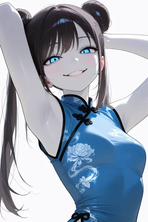 (Best Quality, Background Detail), Best Quality, Original Detail Dynamic Art, Anatomically Correct, Blue Eyes, Image from Waist, Aside, One Girl, Provocative Gaze, Evil Smile, (White Skin), Twin Tails in a Bun, Dark Hair, (Black Chinese Dress), (Shading), ...