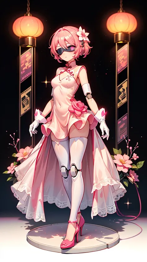 ( blind box toy style :1.2), full body, Alone,  white background,( transparent pink peach flower dress, Female robot wearing gloves and high heels ),(Chinese colors,Very colorful),  cyberpunk, Dreamy sparkle, Glowing neon lamp,3d