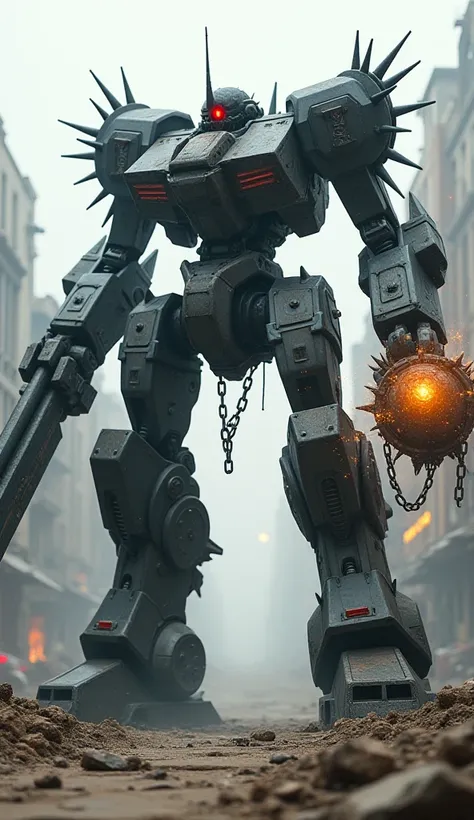 A towering warbot stands in a desolate, war-torn city street, its design inspired by a mace, with a massive spiked ball attached to a chain replacing one of its hands. Its heavily armored body is a combination of dark steel and jagged, spiked plating, givi...