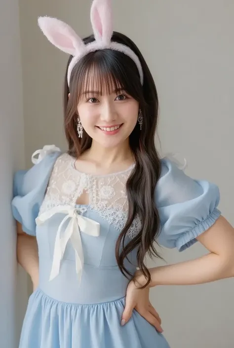 A girl wearing a light blue maid suit with rabbit ears:1.5， Wears Black Tights:1.5， Best Smile:1.5，  full body shot :1.5，Gray background:1.5， mature woman wearing black high heels :1.5， top view :1.5