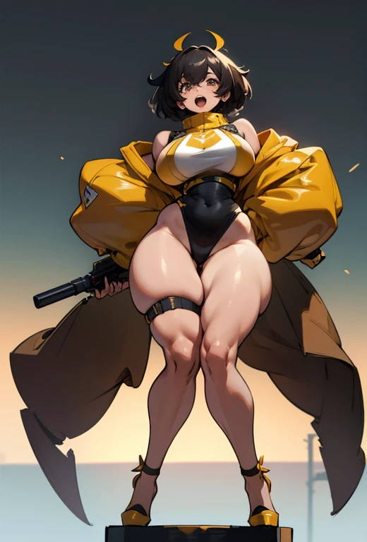 Young girl, Pullover, yellow high cut leotard, whole body to see, open mouth, smile , scream, bob hair ,  messy hair, (( very wide hips)), (((colossal Thighs, gigantic thighs, very huge thighs, very big thighs))), fullbody, platform heels, tanned , brown s...