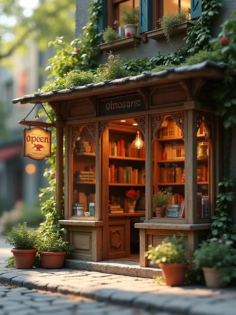  miniature house 　Bookstore　Take a peek inside 　 show window　 hanging sign with OPEN written on it　The door is open 