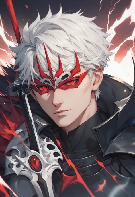 shinigami man, white hair, red left eye, black clothes and rest of armor, black sword full of lightning, hollow mask, 8k high definition