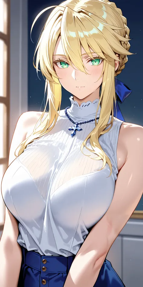 Masterpiece, mature woman, artoria pendragon (Lancer) (fate), tall, slim, upper body, sleeveless shirt,  medium breast, graceful, ultra detailed, highres, absurdres, home