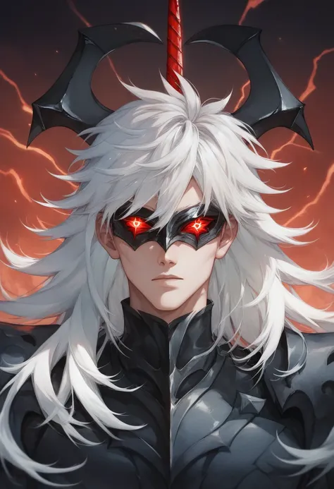 shinigami man, white hair, red left eye, black clothes and rest of armor, black sword full of lightning, hollow mask, 8k high definition