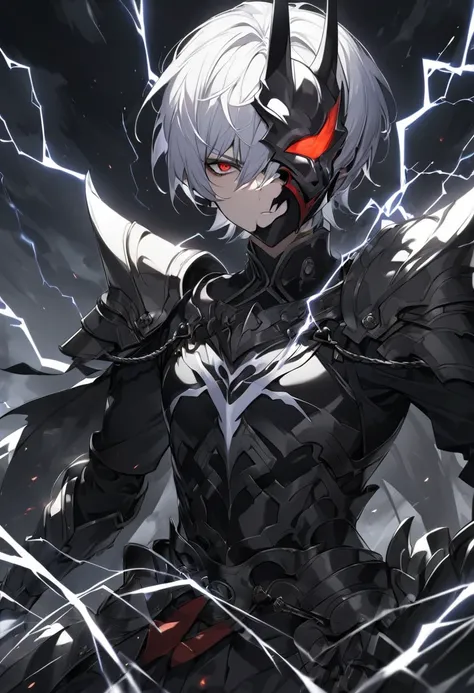 shinigami man, white hair, red left eye, black clothes and rest of armor, black sword full of lightning, hollow mask, 8k high definition