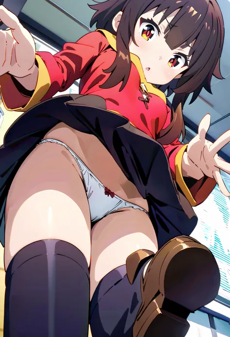 konosubaMegumin, Megumin,  short hair while on a business trip,   black hair,  red eyes,  short hair while on a business trip with long locks,Black sailor suit, black mini pleated skirt , thigh high socks ,Brown loafers, close-up, panties , skirt flip, ang...