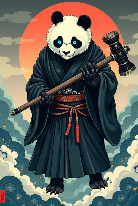 Ukiyo-e: cornflower blue panda bear yōkai with black kimono, and wields warhammer 