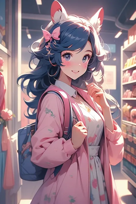 special_week_( umamusume), Fudang,  hair clip, blue jacket,  open coat, printed dress,  pink dress , Shopping for vitrine ,  small breasts,  highres,  upper body, to smile, white backpack, Alone, beast quality