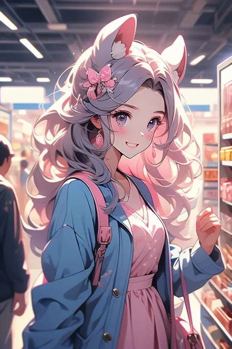 special_week_( umamusume), Fudang,  hair clip, blue jacket,  open coat, printed dress,  pink dress , Shopping for vitrine ,  small breasts,  highres,  upper body, to smile, white backpack, Alone, beast quality