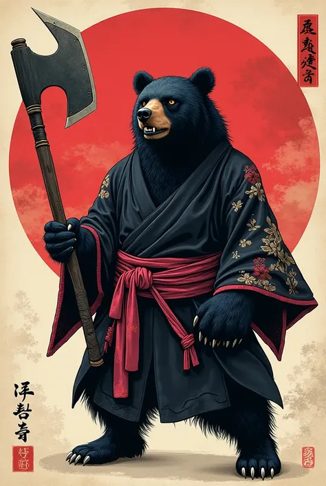 Ukiyo-e: magenta black bear yōkai with black kimono, and wields battle axe