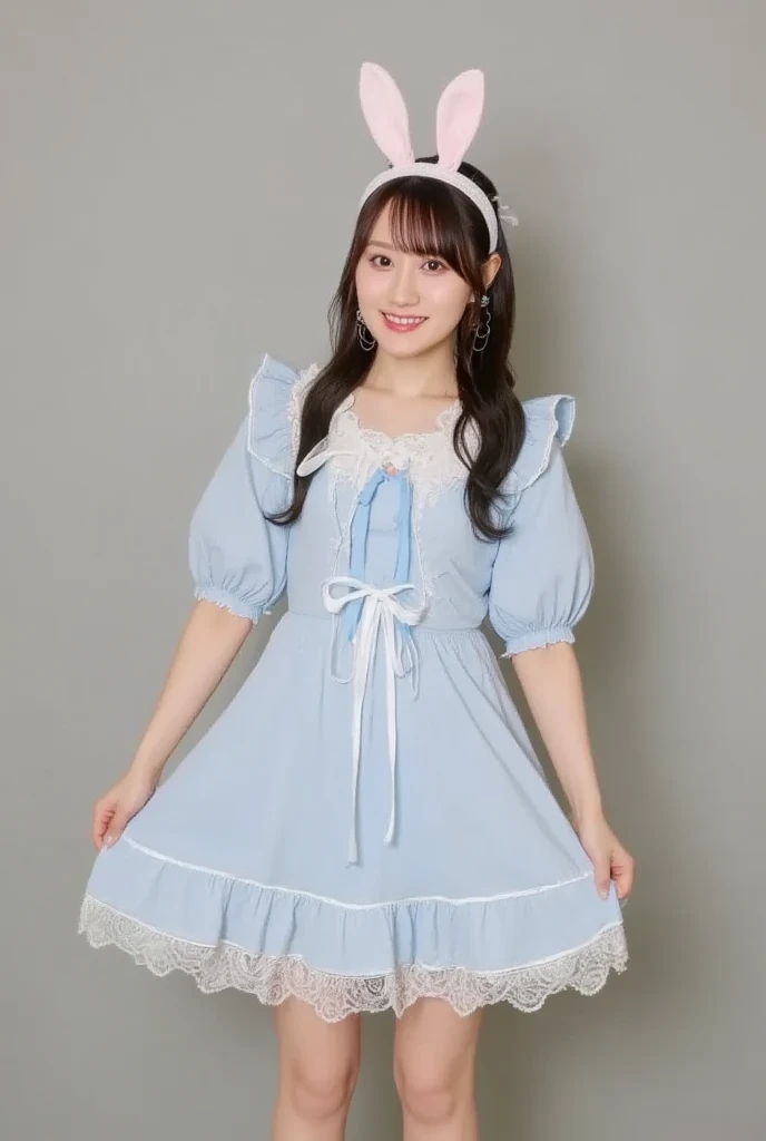 A girl wearing a light blue maid suit with rabbit ears:1.5， Wears Black Tights:1.5， Best Smile:1.5，  full body shot :1.5，Gray background:1.5， mature woman wearing black high heels :1.5， top view :1.5