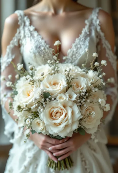  Very beautiful bridal bouquet ,  beautiful design with subtle notes of pretty white flowers for one and only one, with soft and beautiful flowers , rich colors , 8 k,  Best quality,  complicated details,  maximum number of details ,  masterpiece,  excelle...