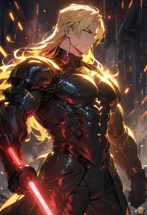 man, black armor, strong physique, red lightsaber, tall blond hair, green eyes, 8k high definition