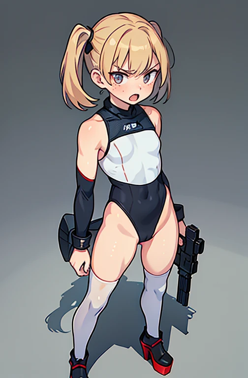 Ten_years_old girl, freckled skin, body freckles, fighting, angry scream, holding gun, ((tactic high cut leotard)), hunder View, thigt stockings, ((platform heels)), ((pale skin)) pigtail hair, team, soldier girl, ((standing)) front pose, ((fullbody)) slev...