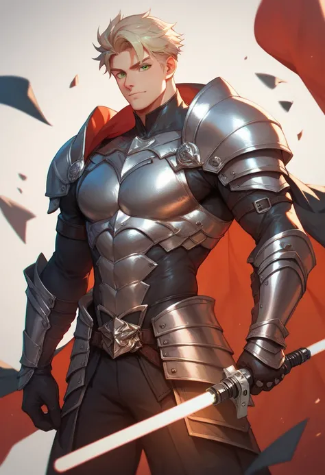 man, black armor, strong physique, red lightsaber, tall blond hair, green eyes, 8k high definition