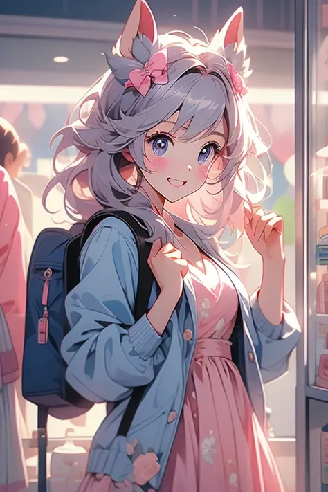 special_week_( umamusume), Fudang,  hair clip, blue jacket,  open coat, printed dress,  pink dress , Shopping for vitrine ,  small breasts,  highres,  upper body, to smile, white backpack, Alone, beast quality