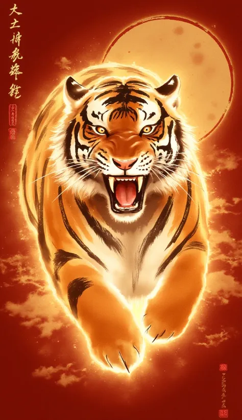 Anime of a tiger roaring ,  looks to be angry with a sharp gaze,  the tiger's entire body is filled with golden light ,  full of golden aura light on the tiger's body,  with an elegant and also manly look ,  on a red background , Chinese color , there is a...