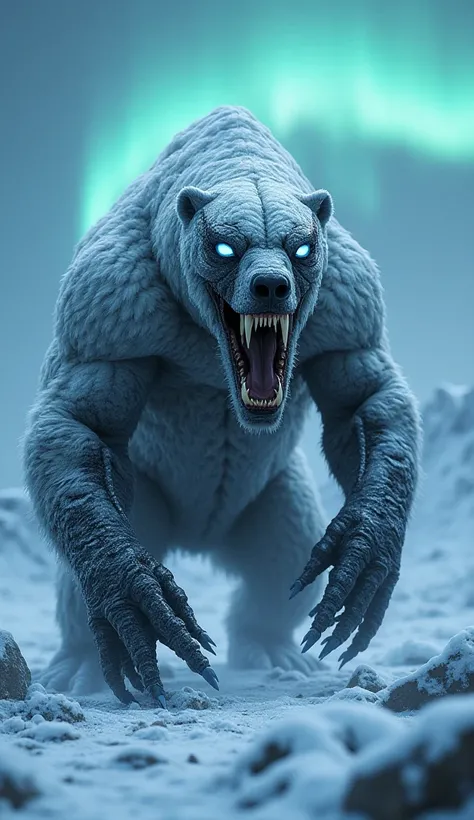 hyper realistic, super details, majestic, A mythical and ancient hybrid creature combining the fearsome traits of Venom and a polar bear emerges in the icy expanse of the Arctic tundra. Its massive, muscular body is covered in a blend of glossy black symbi...