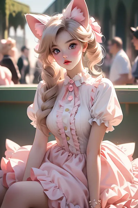 Superb detail, 8K Photos, Super-realism, professional light, realistic background, visual depth,  blurry background ,  wide angle lens ,  full body costume, (  , , change,  flat breasted, cat ears), 1 ,  colored eyes,  blonde hair, (Lolita Fashion: 1.5), (...