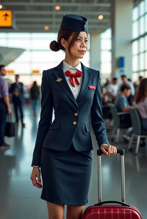 Make this girl like a flight attendant with her bags, About to board a plane 