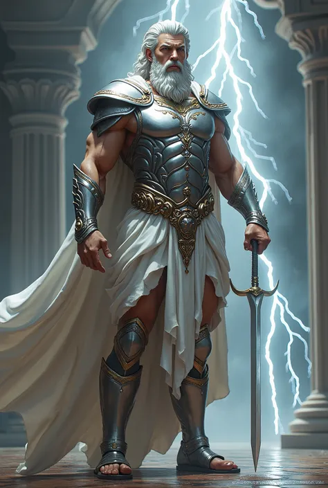 Zues holds a lightning bolt, skinny body, shinning silver armor, sandal, nice beard