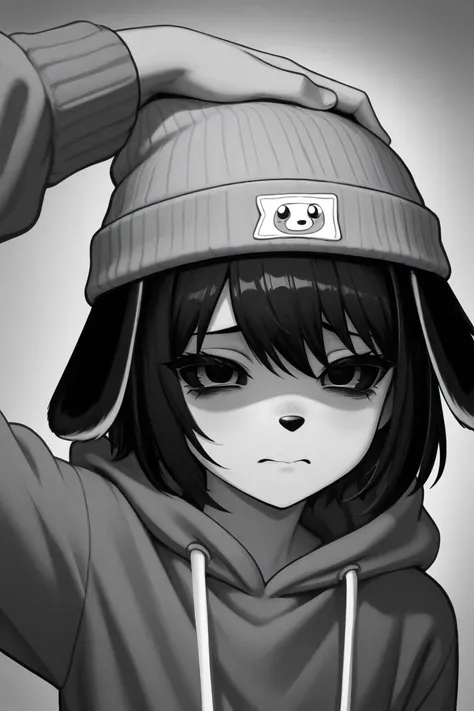 PaRappa the rapper but he’s greyscale, greyscale clothes, sleeves on his greyscale hoodie are oversized, has black hair that covers the right side of his face, black eyeliner triangles under his eyes, wearing a greyscale beanie, getting head pats, confused...