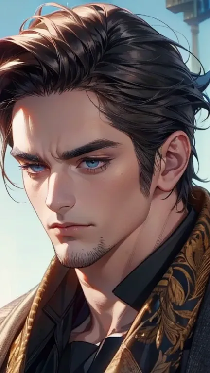 (  best quality,4K,8k,  highres,  masterpiece  :1.2),  Ultra-detailed ,(realistic,photorealistic,photo-realistic:1.37),36-year-old man,3 day beard,Beautiful anime,Portraits,strong,Masculine,  with dark hair  ,sharp jaw,   mesmerizing eyes   ,  perfectly co...