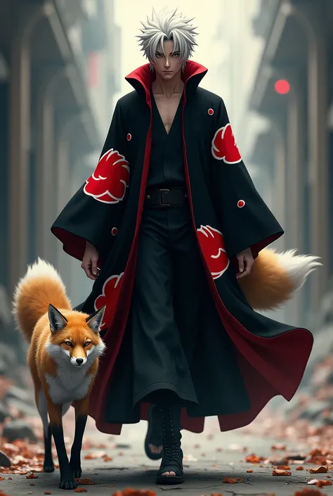 A man wears an Akatsuki robe and walks side by side with a male fox, walks confidently towards the camera  