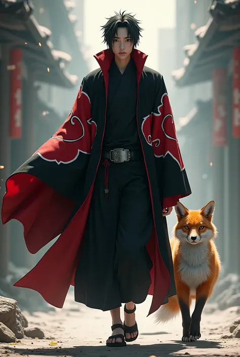 A man wears an Akatsuki robe and walks side by side with a male fox, walks confidently towards the camera  