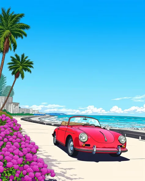 (masterpiece, best quality:1.2), no humans, blue sky, wide shot, palm trees, pink purple flowers, horizon, crystal clear sea, coastline, Tropical and clear landscape illustration, A red Porsche driving along a coastal road, white line flowing in the wind, ...