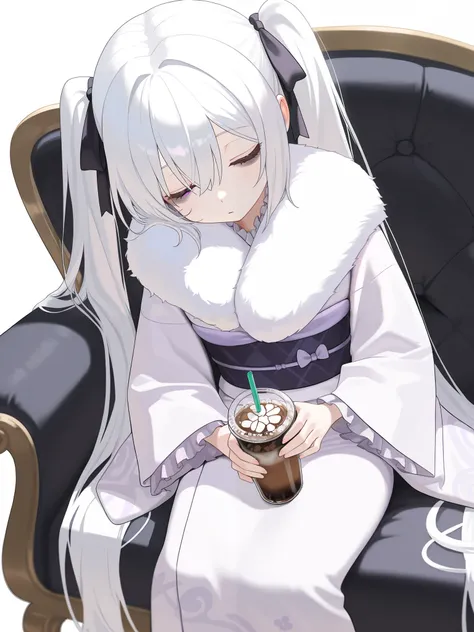1girl, white hair, very long hair, twintails, purple eyes, looking at viewer, sleepy, bags under eyes, closed eyes, (fur-trimmed kimono, white shade lilac kimono, frills, hair ribbon), holding iced coffee on lap, drinking straw, sleeping upright, sitting, ...