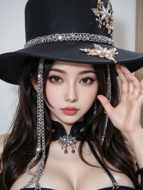 Realism， Close-up of the face，Angelic face， fair skin with one hand， wear a personalized silver metal chain hat on the head， silver metal tassels cover the face ，Drape feeling，Gothic Makeup， deep and mysterious eye makeup ， Strong Contrast of Light and Dar...