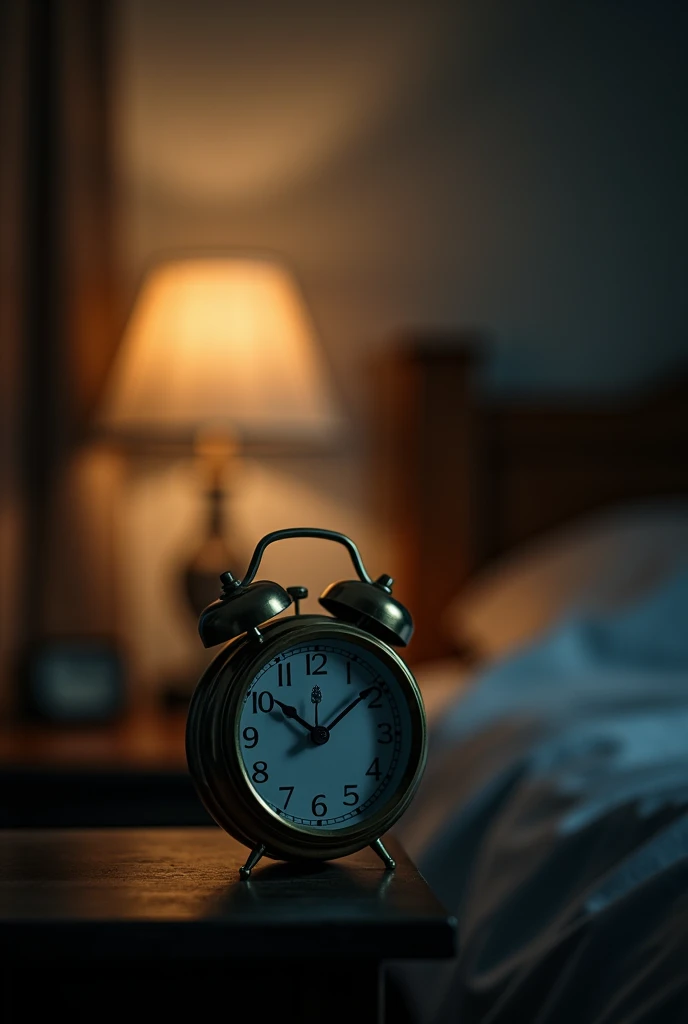 A close-up shot of an old-fashioned alarm clock on her bedside table showing "2:00 AM." The dim bedside lamp casts a weak glow on the clock, with the room still shrouded in darkness.