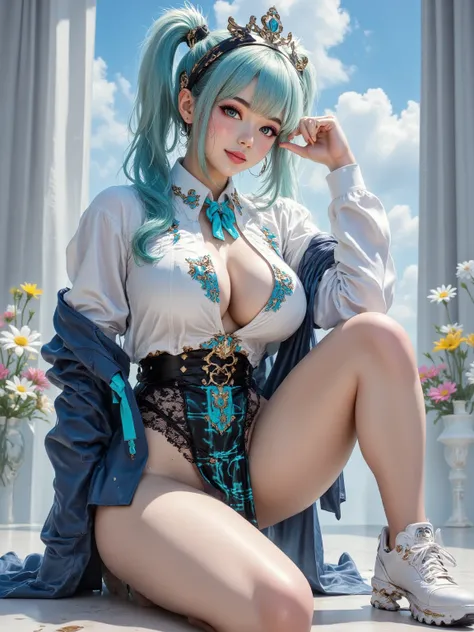 Tiffany blue on the front 主题，Smile， young Japanese woman，Big Breasts，Upper chest，Tiffany blue on the front ， light blue hair，Gradient hair，Extra long hair，thigh，realistic，Twin ponytails， high quality ， masterpiece，Single，Long straight hair， Thin skin，Thick...