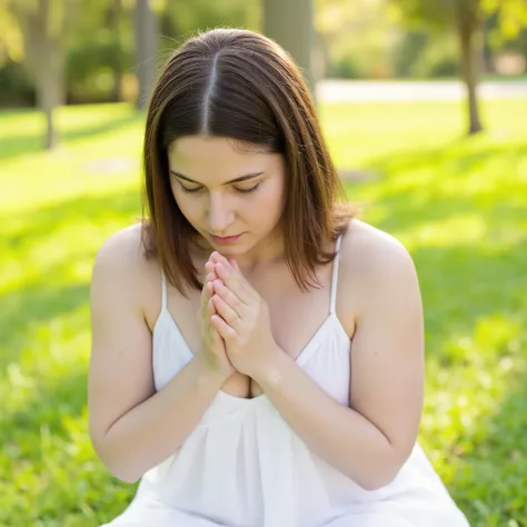 A close-up portrait shot of a woman on her knees, praying to God with her hands clasped and head slightly bowed in devotion. She is wearing a flowing white dress, and her serene expression reflects peace and faith. The setting is outdoors at noon, with bri...