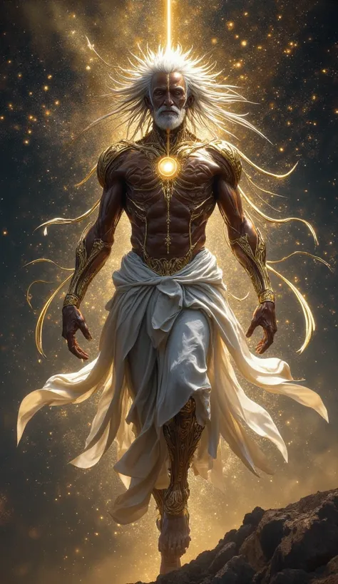 An ageless, celestial being, radiating pure divine energy. Olodumare’s form is ethereal, with a golden, radiant glow emanating from his body. His age is indeterminate, yet his appearance carries the wisdom and eternal essence of the universe, suggesting a ...