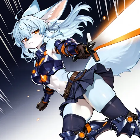 sfw, anthro, solo, adult, dynamic angle, (female anthro light blue fennec fox:1.4), (all light blue body:1.3), orange eyes, (short light blue hair:1.3), (dark blue armor, dark blue skirt, dark blue stockings, armored boots:1.3), (orange details:1.1), dark ...