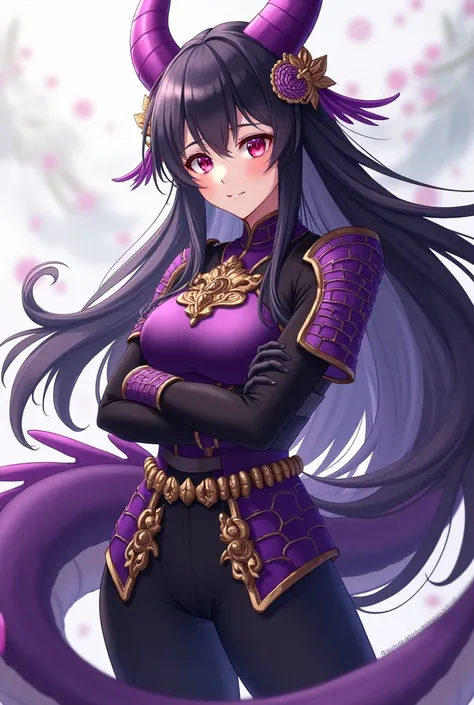  artwork,  maximum quality,  best quality,  official art ,  beautiful and aesthetic  :1.2)  female,  dragon girl from anime ,  fair skin ,  with only a dragon horn,  located on the forehead , purple horn ,  long black chinese-style hair,  red eyes,  purple...