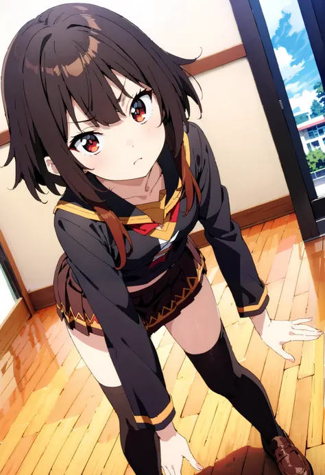 konosubaMegumin, Megumin,  short hair while on a business trip,   black hair,  red eyes,  short hair while on a business trip with long locks, angry ,Black sailor suit, black mini pleated skirt , thigh high socks ,Brown loafers, close-up, panties , skirt f...