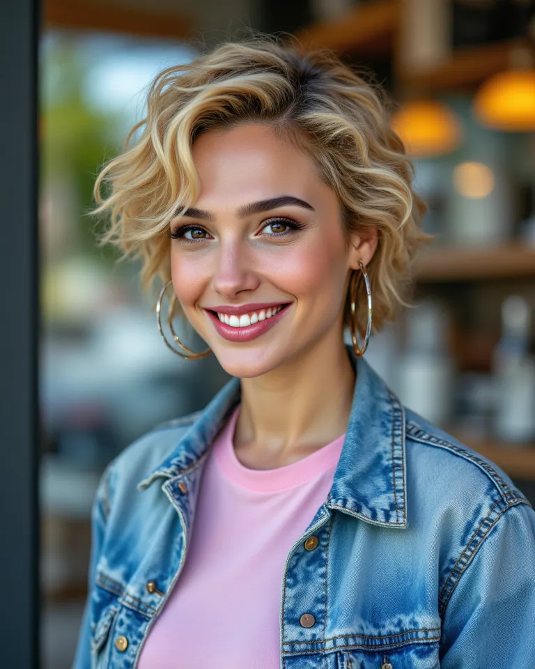 a closeup photoshoot of Beautiful cheerful 80s girl, she's 20 yo, 80s short curly blondie hair style, wears big earrings made of platinum, donning 80s washed jeans jacket and pastel color t-shirt, masterpiece professional portrait photography, Annie Leibov...