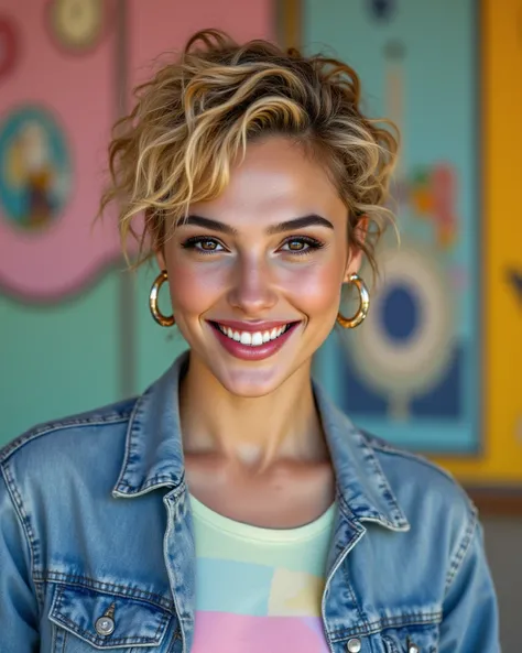 a closeup photoshoot of Beautiful cheerful 80s girl, she's 20 yo, 80s short curly blondie hair style, wears big earrings made of platinum, donning 80s washed jeans jacket and pastel color t-shirt, masterpiece professional portrait photography, Annie Leibov...