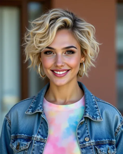 a closeup photoshoot of Beautiful cheerful 80s girl, she's 20 yo, 80s short curly blondie hair style, wears big earrings made of platinum, donning 80s washed jeans jacket and pastel color t-shirt, masterpiece professional portrait photography, Annie Leibov...