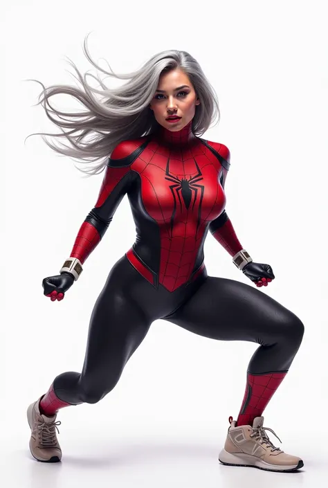 ((Masterpiece, High Quality, 8K, UHD, Hyper Realistic, Sharp Focus)), Full body portrait of muscular Malay woman with a Spider-Gwen suit, super meticulous way, perfect muscular and solid body, wide hips, defined abdomen, thick legs with defined muscles, la...